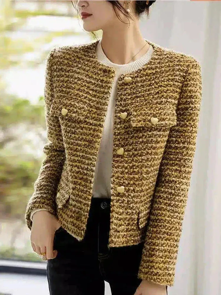 Metaversmall Elegant Retro Women's Gold Short Woolen Coat Autumn Winter Korean Fashion Tweed Coat Perfect Female OL Outwear Wool Jacket