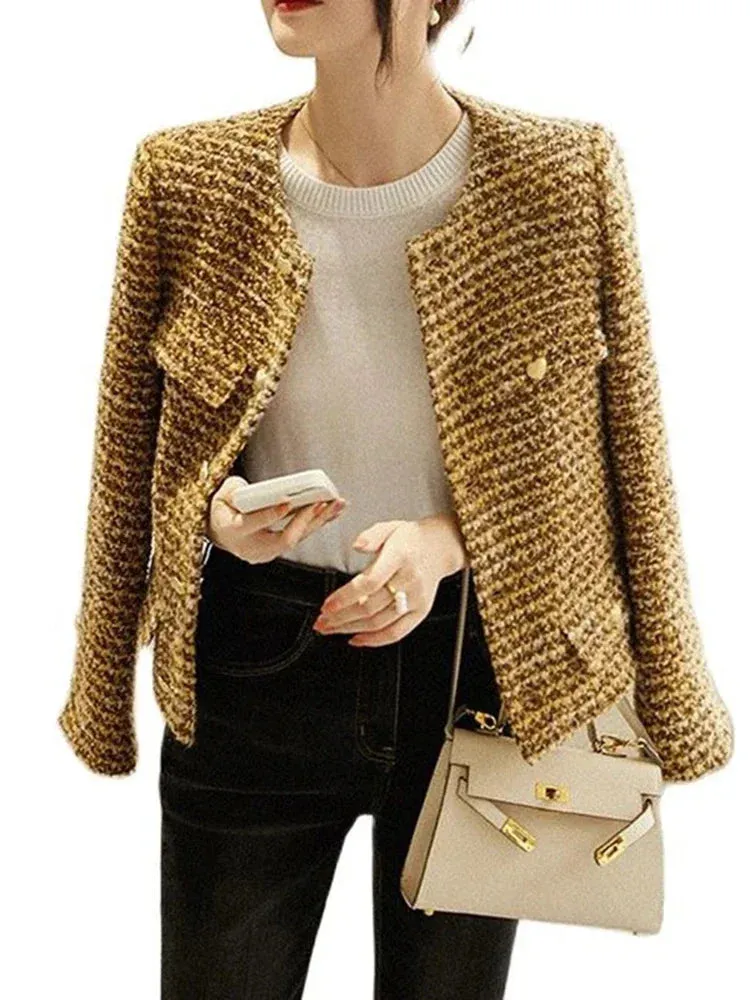 Metaversmall Elegant Retro Women's Gold Short Woolen Coat Autumn Winter Korean Fashion Tweed Coat Perfect Female OL Outwear Wool Jacket