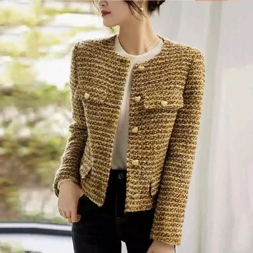 Metaversmall Elegant Retro Women's Gold Short Woolen Coat Autumn Winter Korean Fashion Tweed Coat Perfect Female OL Outwear Wool Jacket