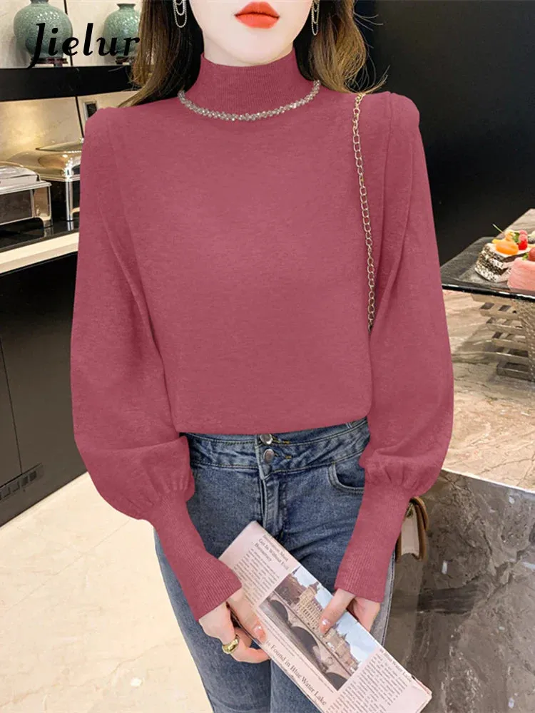 Metaversmall Women Knitted Sweaters Autumn Winter Half Turtleneck Diamond Latern Sleeve Blue Pullovers New Female Elegant Jumper Tops