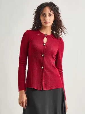 Misook Two-Tone Keyhole Detail Button Front Tailored Knit Jacket - Rouge/Black