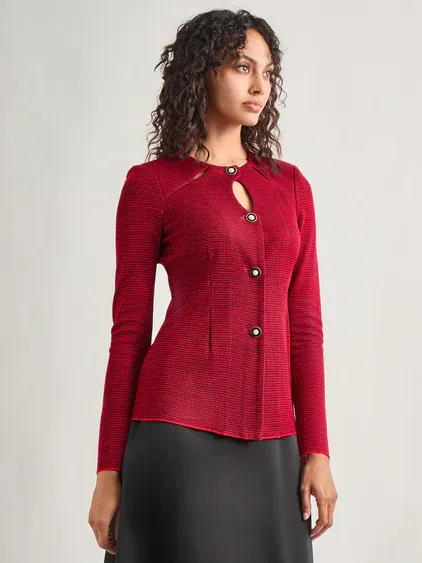 Misook Two-Tone Keyhole Detail Button Front Tailored Knit Jacket - Rouge/Black