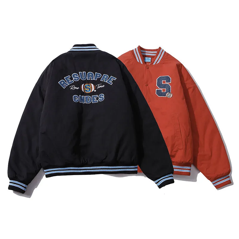 Orange Varsity Jacket Autumn and Winter Thickened Cotton-Padded Coat Female Embroidered Baseball Uniform Pilot Jacket Male Couple