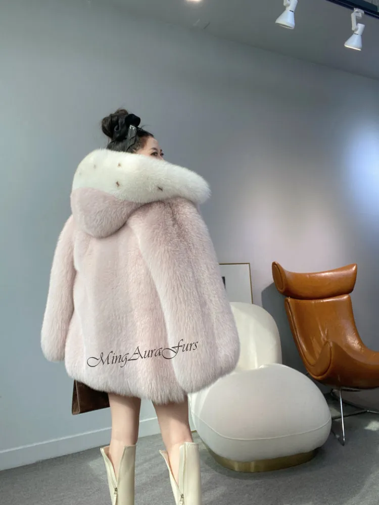 Pink Real Fox Fur Coat for Women with Fur Hood - White Fox - G006