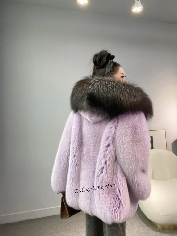 Pink Real Fox Fur Coat for Women with Fur Hood - White Fox - G006