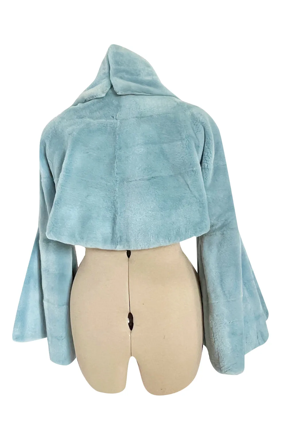 Rare Fall 1989 Claude Montana Runway Baby Blue Sheared Fur Jacket w Dramatic Wrap Front