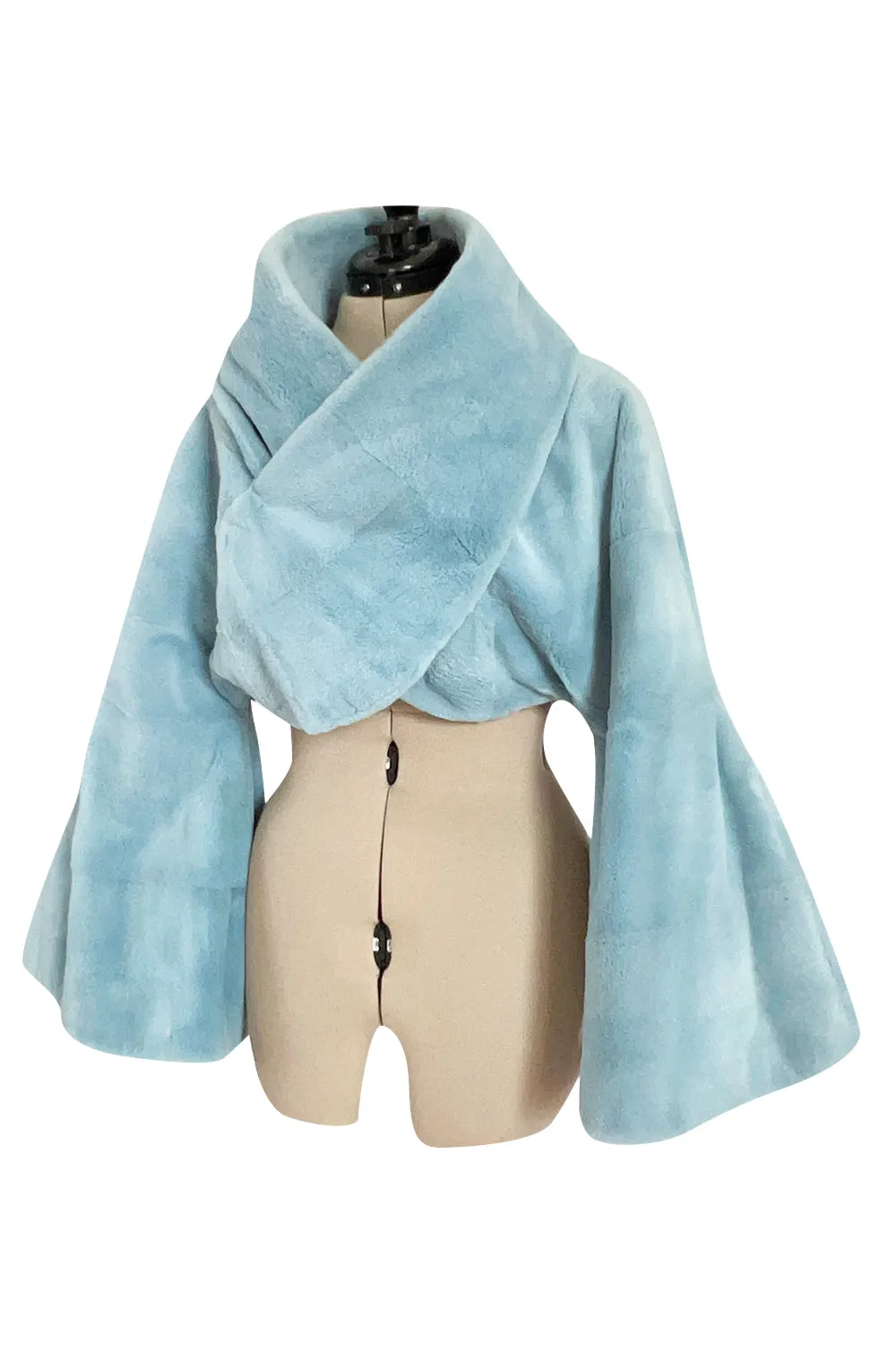 Rare Fall 1989 Claude Montana Runway Baby Blue Sheared Fur Jacket w Dramatic Wrap Front