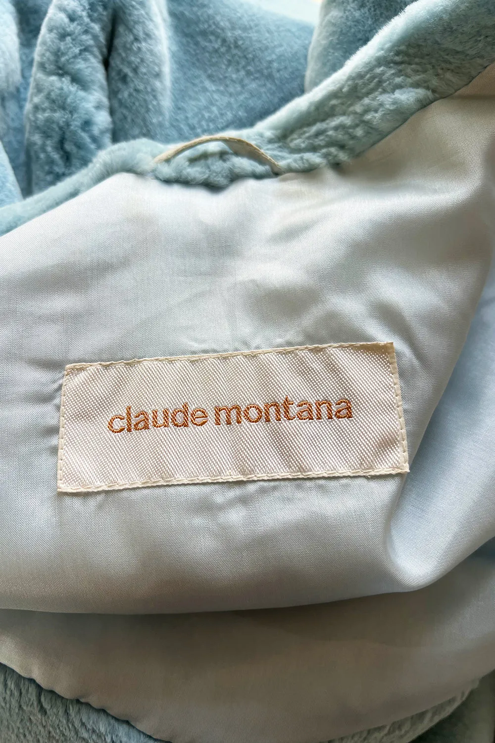 Rare Fall 1989 Claude Montana Runway Baby Blue Sheared Fur Jacket w Dramatic Wrap Front