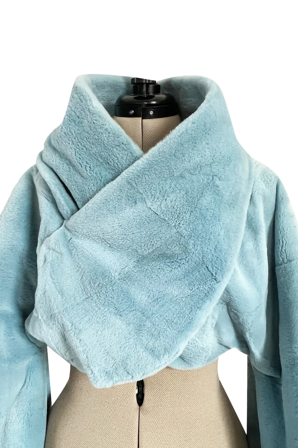 Rare Fall 1989 Claude Montana Runway Baby Blue Sheared Fur Jacket w Dramatic Wrap Front