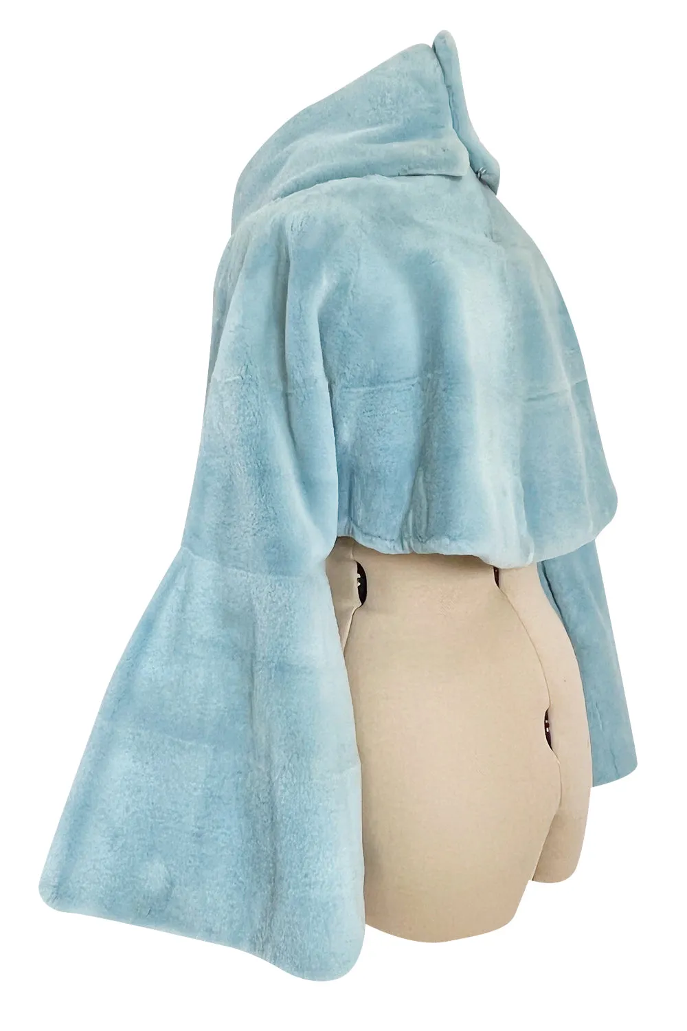 Rare Fall 1989 Claude Montana Runway Baby Blue Sheared Fur Jacket w Dramatic Wrap Front