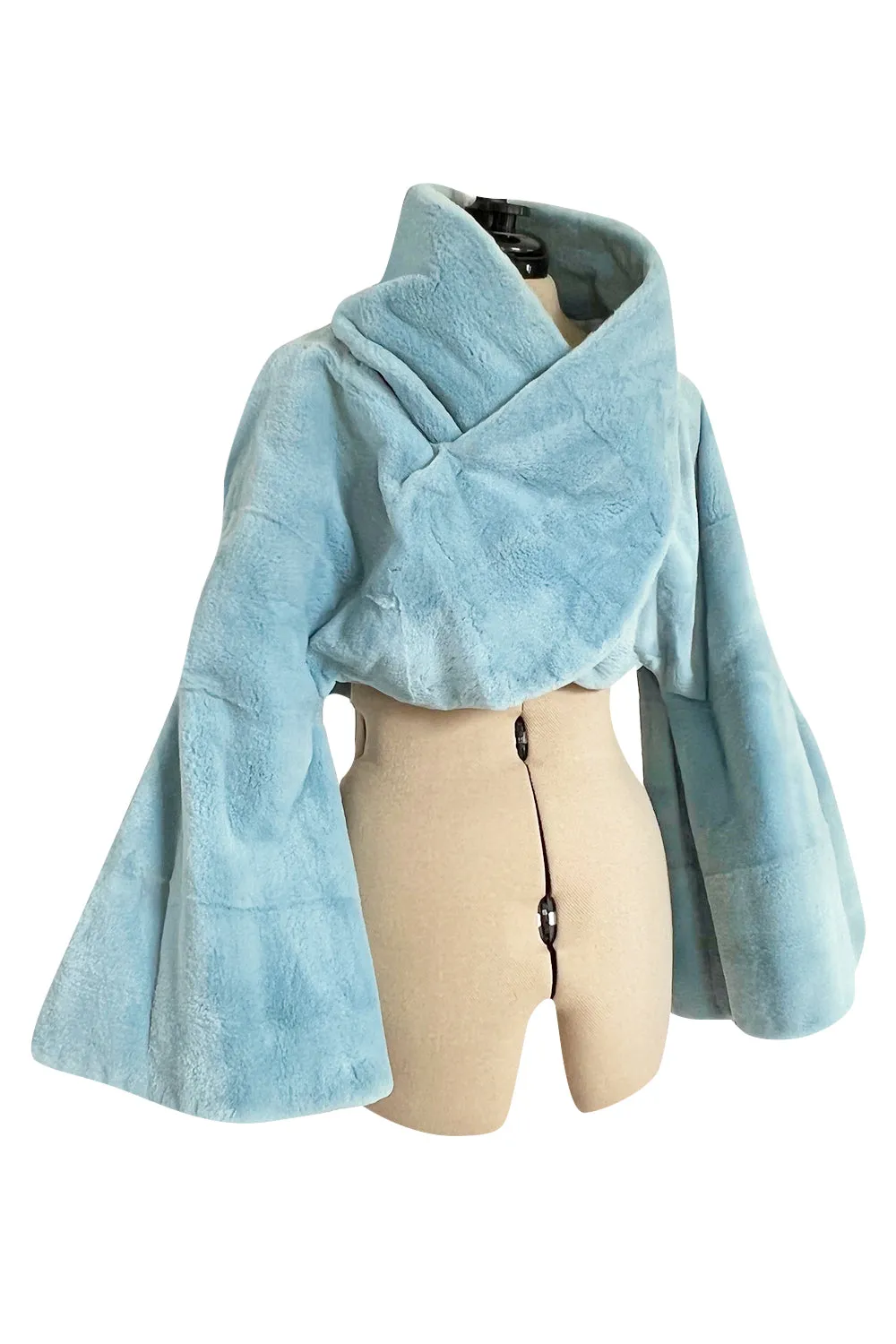 Rare Fall 1989 Claude Montana Runway Baby Blue Sheared Fur Jacket w Dramatic Wrap Front