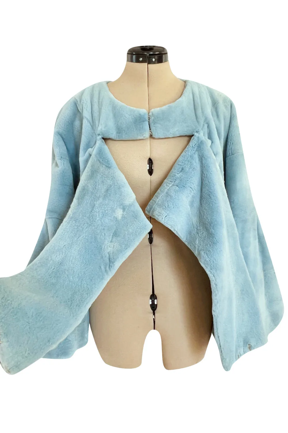 Rare Fall 1989 Claude Montana Runway Baby Blue Sheared Fur Jacket w Dramatic Wrap Front