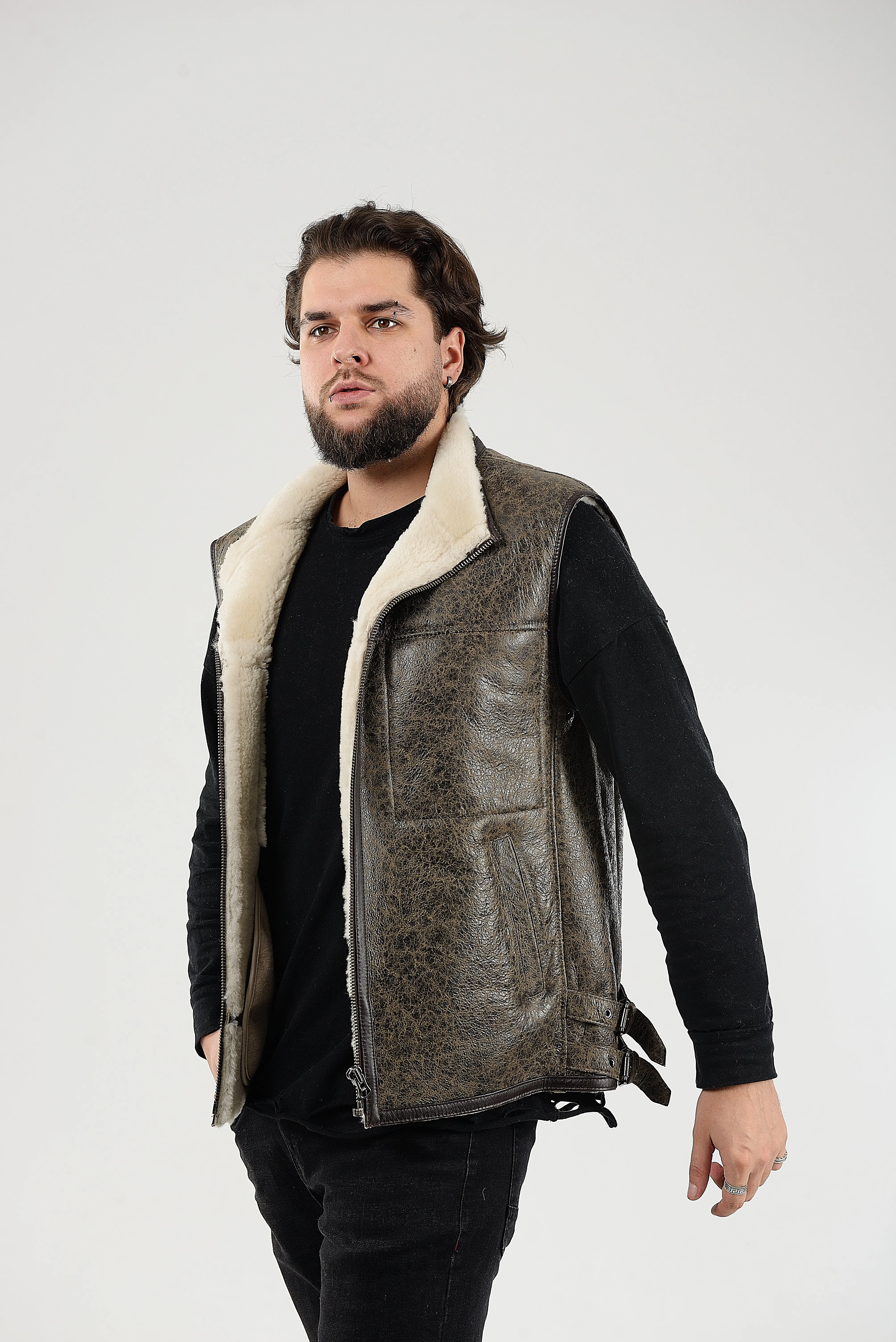 Sheepskin Shearling Vest with Special Spray Coating with Front-Zip Pocket