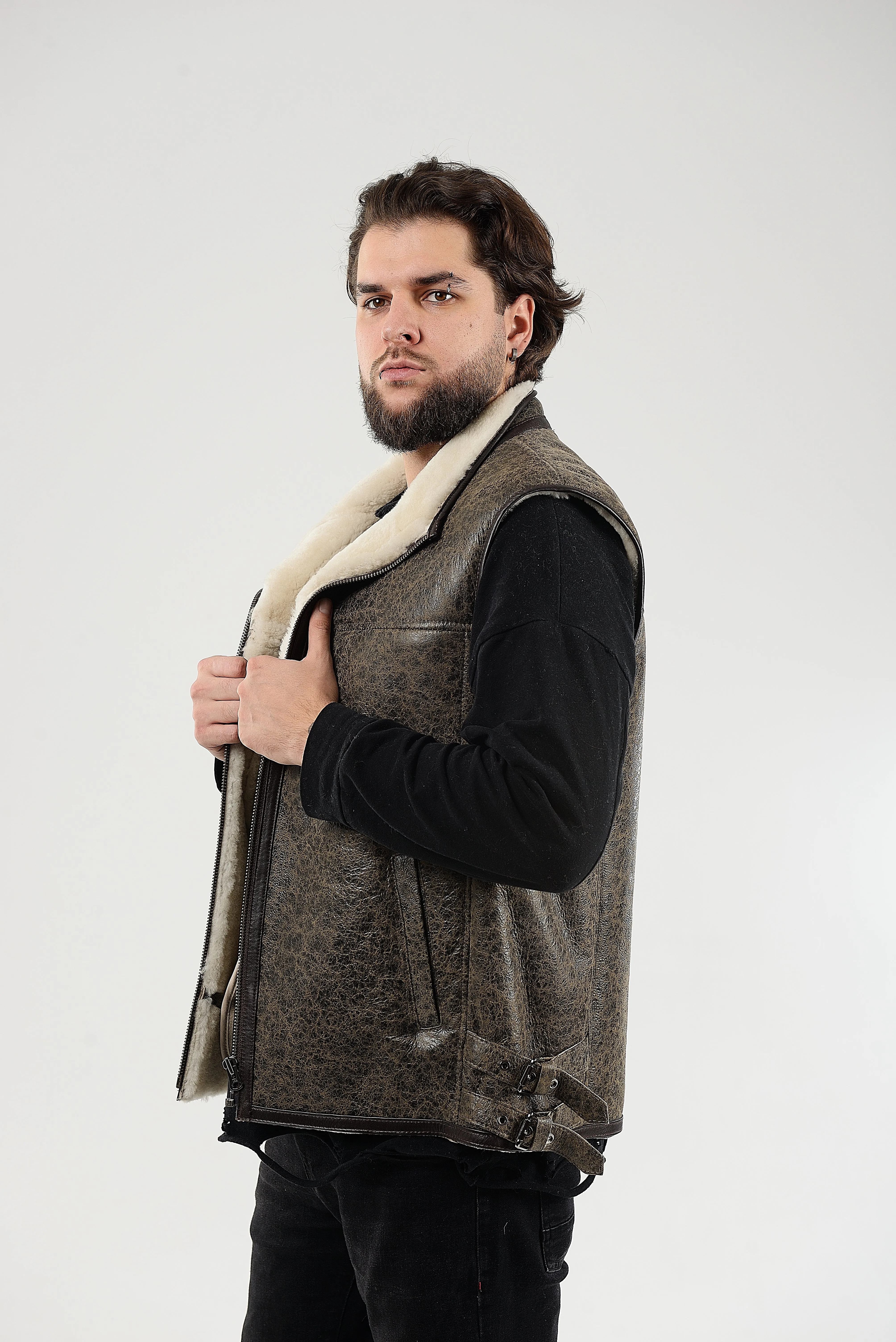 Sheepskin Shearling Vest with Special Spray Coating with Front-Zip Pocket