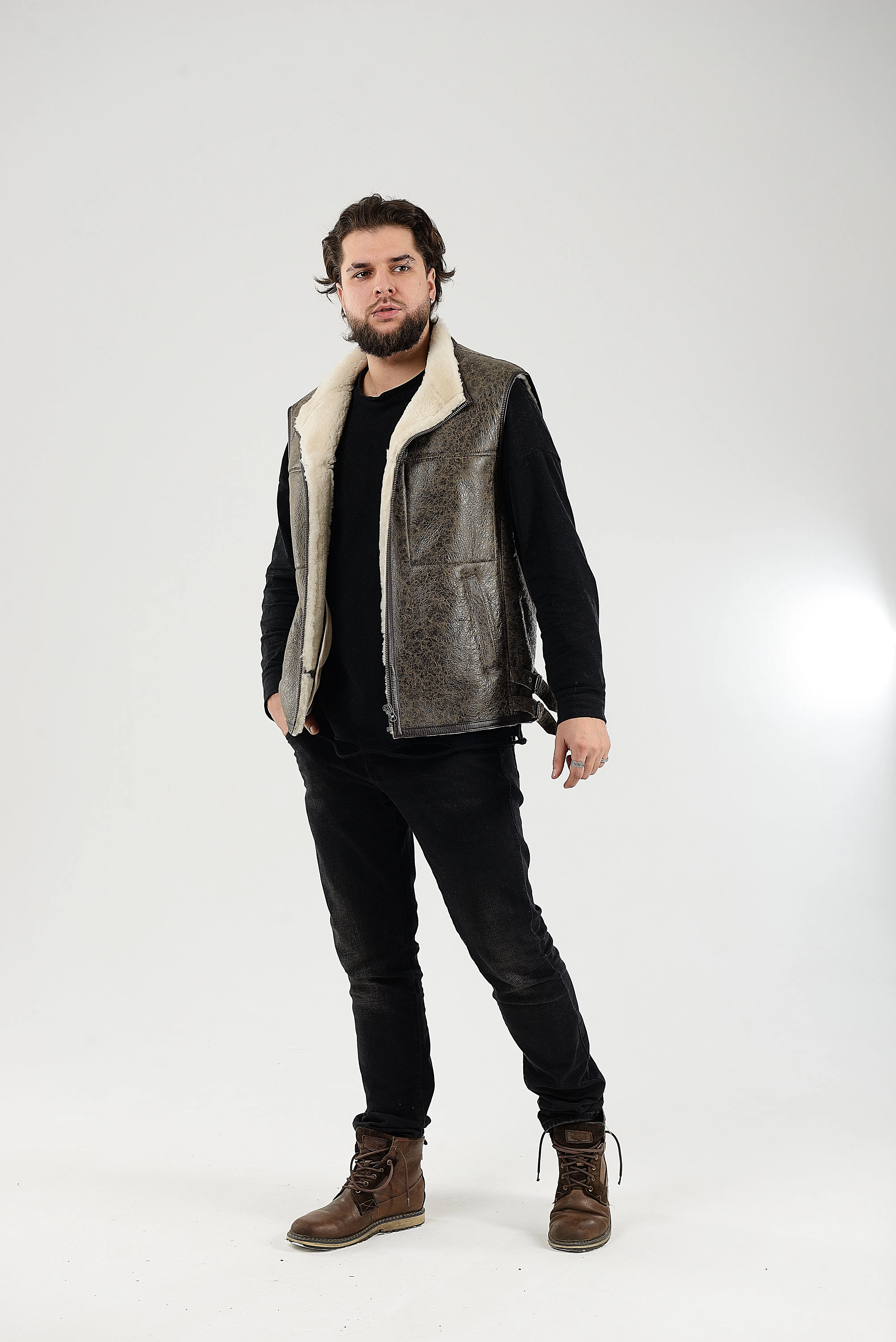 Sheepskin Shearling Vest with Special Spray Coating with Front-Zip Pocket