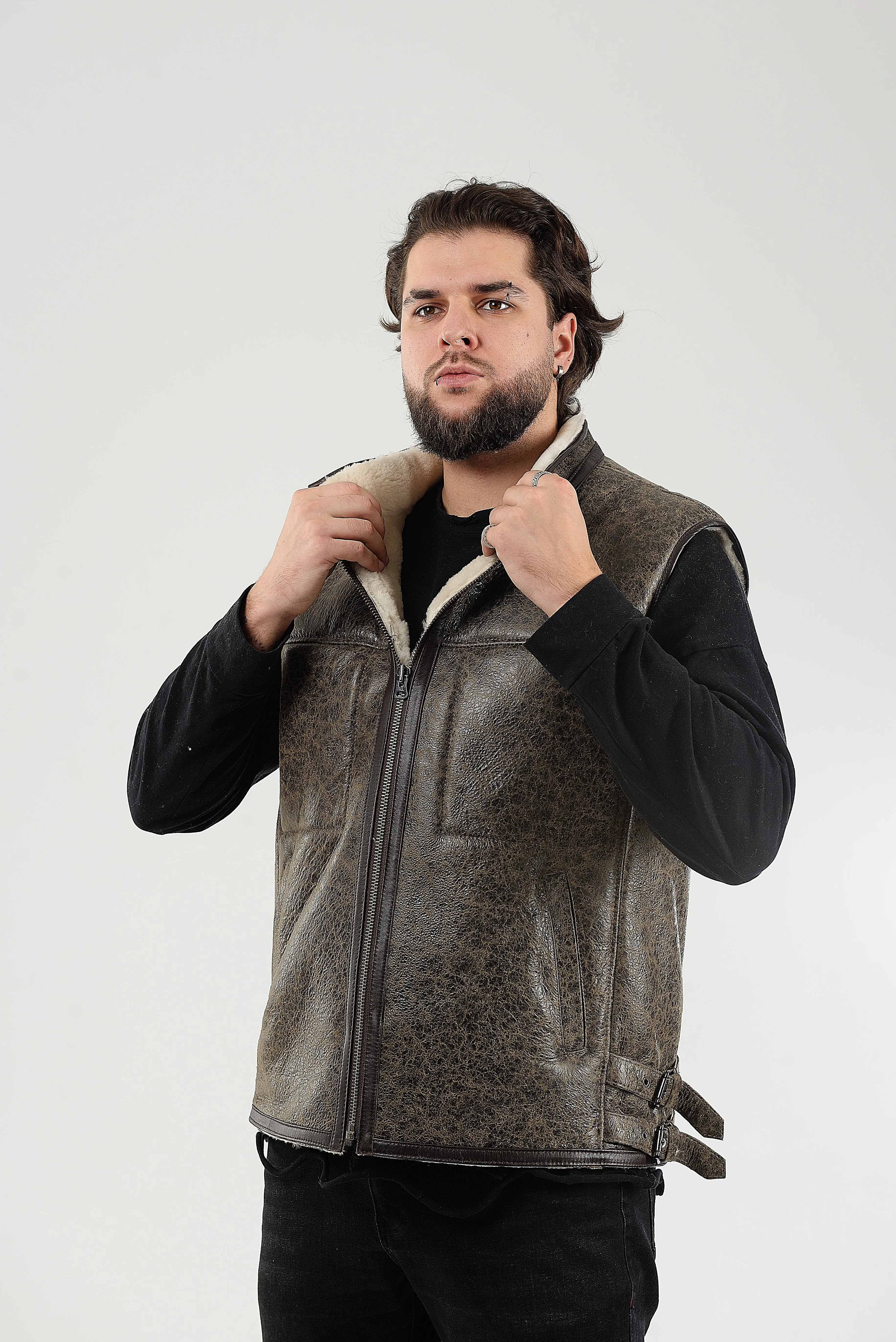 Sheepskin Shearling Vest with Special Spray Coating with Front-Zip Pocket