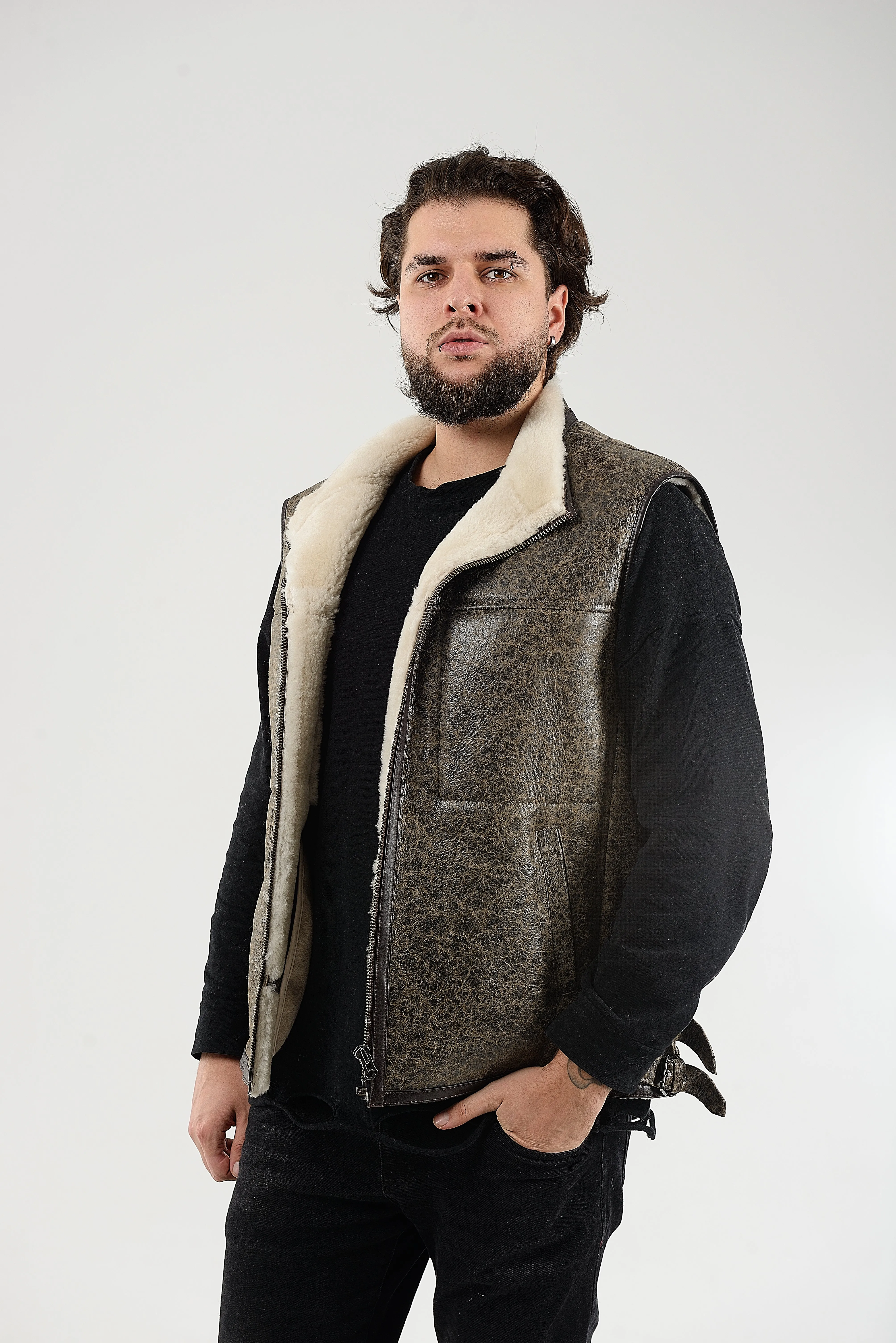 Sheepskin Shearling Vest with Special Spray Coating with Front-Zip Pocket