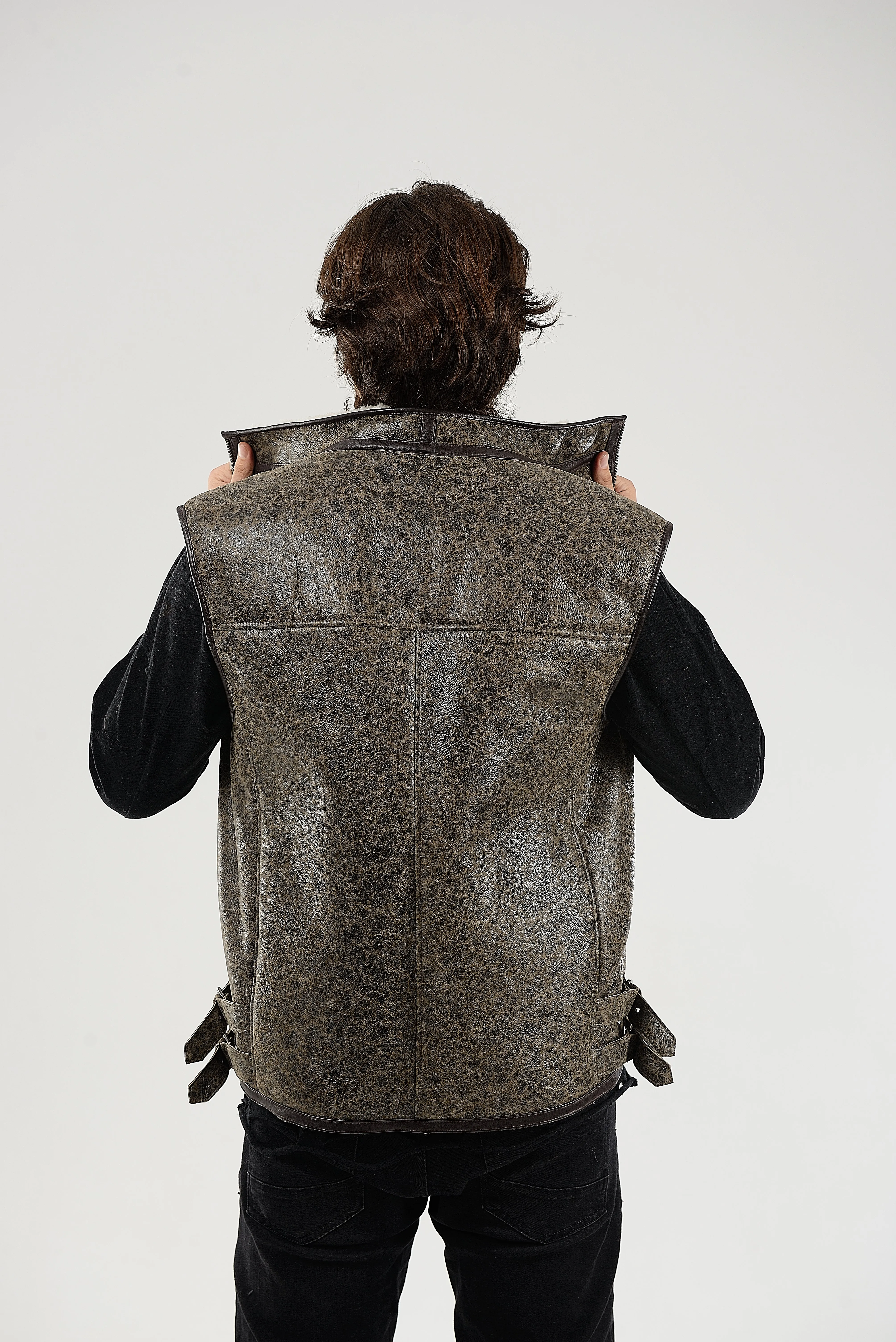 Sheepskin Shearling Vest with Special Spray Coating with Front-Zip Pocket