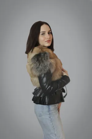 Short Black Leather Jacket with Luxurious Fox Fur Trim