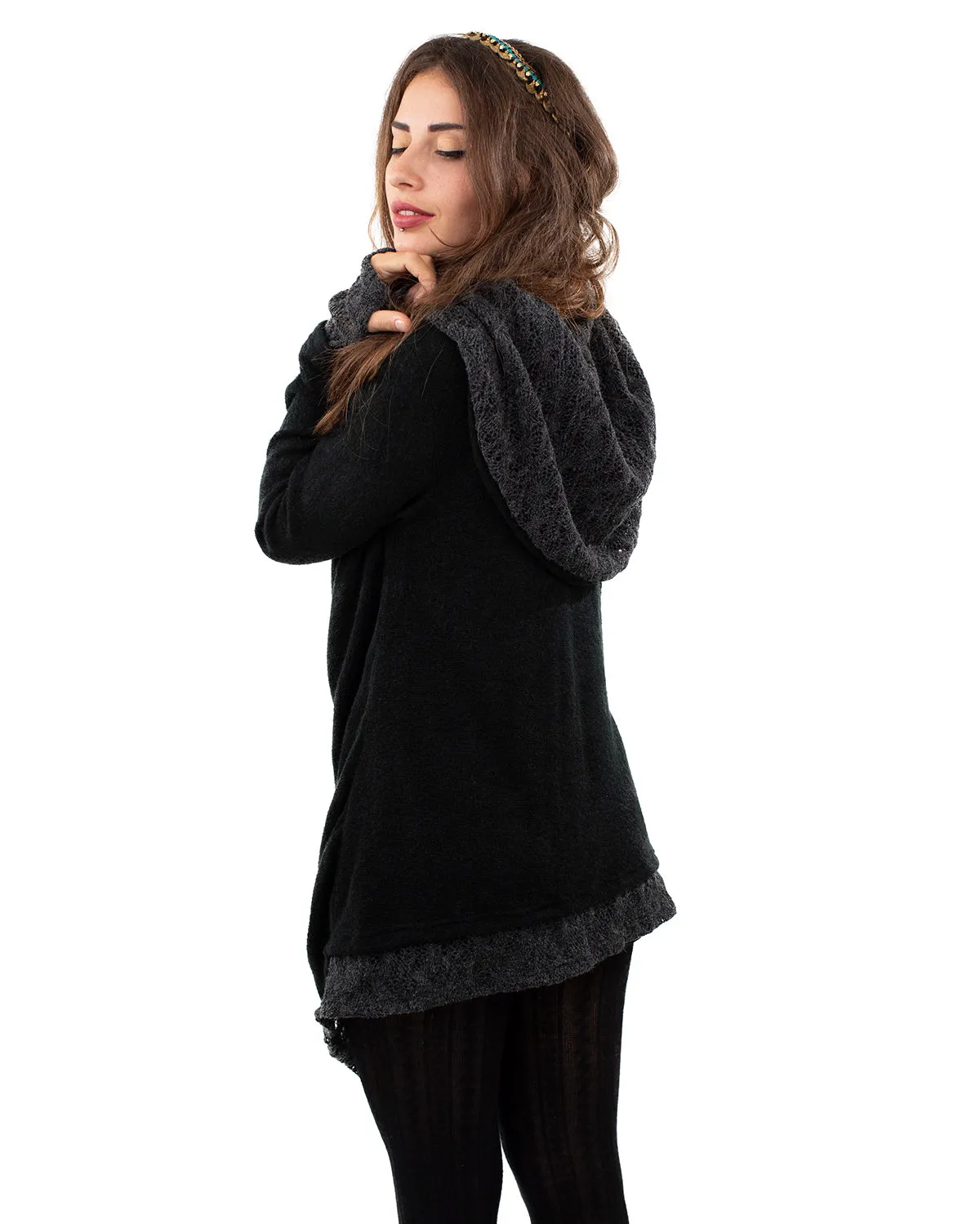 Solstice Crochet Lace Hooded Cardigan Jacket Black/Grey