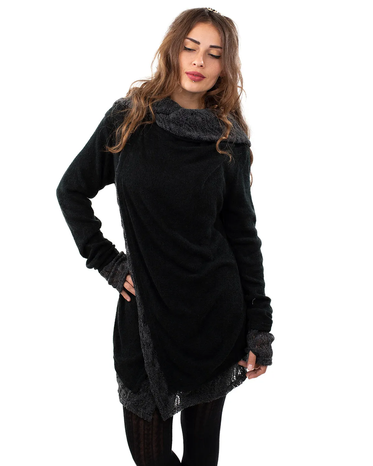 Solstice Crochet Lace Hooded Cardigan Jacket Black/Grey