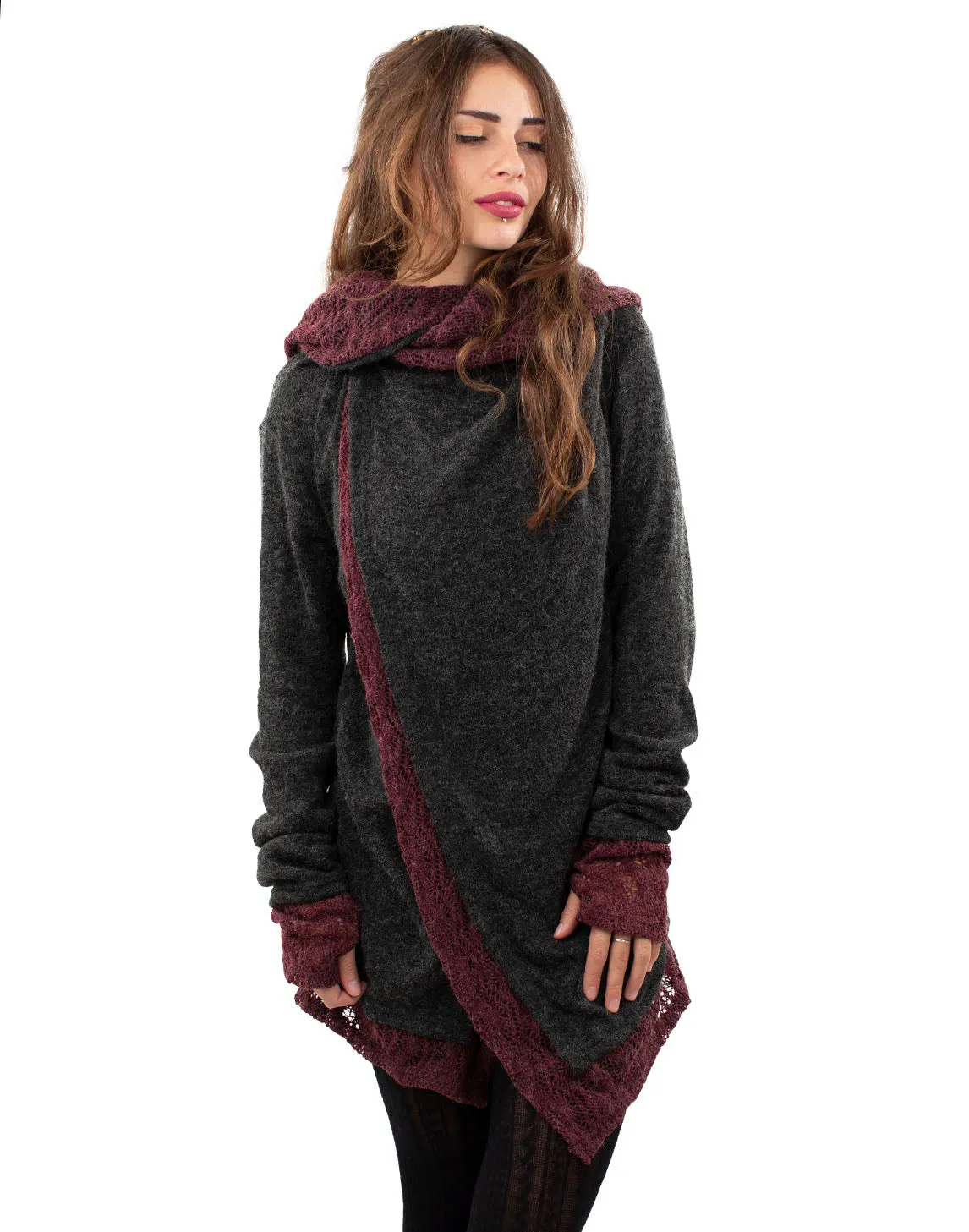 Solstice Crochet Lace Hooded Cardigan Jacket Charcoal/Wine