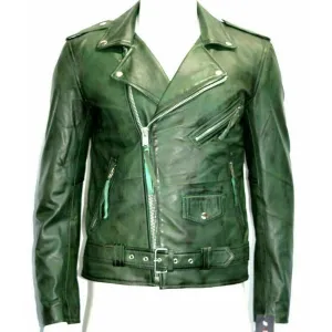 Spread Collar Green Leather Jacket