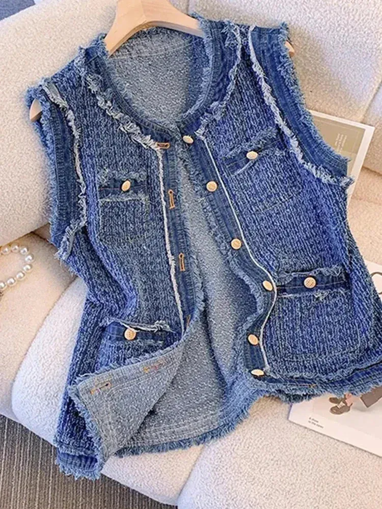 Spring Autumn Blue Plaid Denim Women's Vest with Tassel Elegant Fashion Women Single Breasted Flow Sleeveless Tank Top Coat