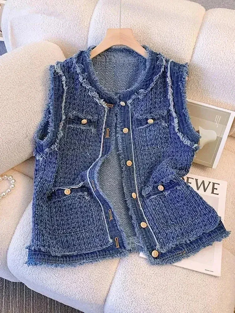 Spring Autumn Blue Plaid Denim Women's Vest with Tassel Elegant Fashion Women Single Breasted Flow Sleeveless Tank Top Coat