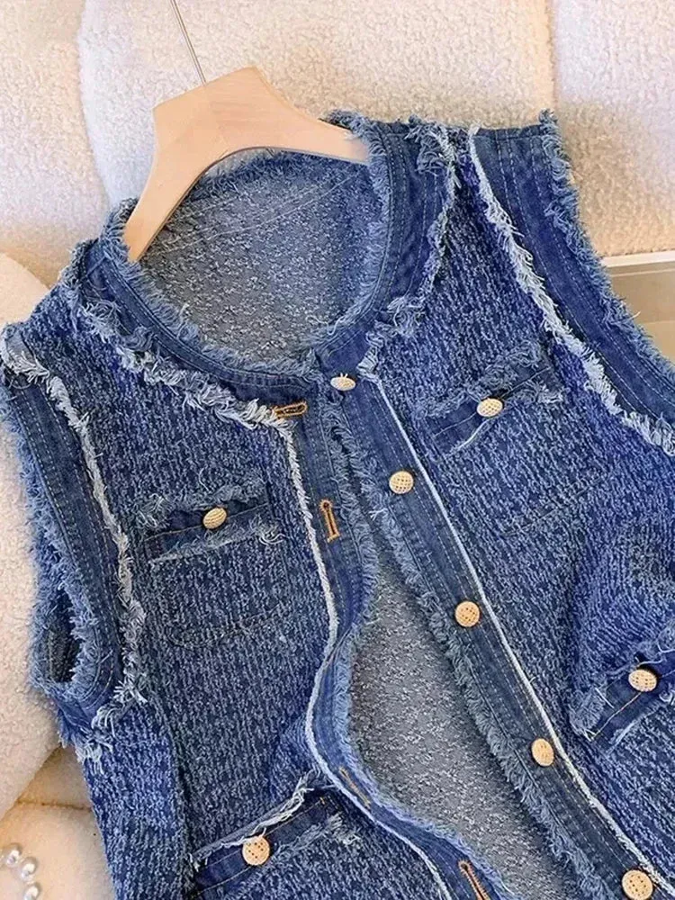 Spring Autumn Blue Plaid Denim Women's Vest with Tassel Elegant Fashion Women Single Breasted Flow Sleeveless Tank Top Coat