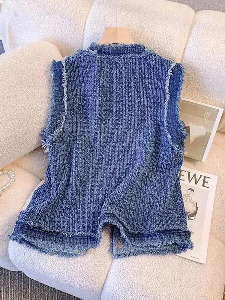 Spring Autumn Blue Plaid Denim Women's Vest with Tassel Elegant Fashion Women Single Breasted Flow Sleeveless Tank Top Coat