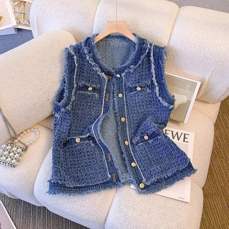 Spring Autumn Blue Plaid Denim Women's Vest with Tassel Elegant Fashion Women Single Breasted Flow Sleeveless Tank Top Coat