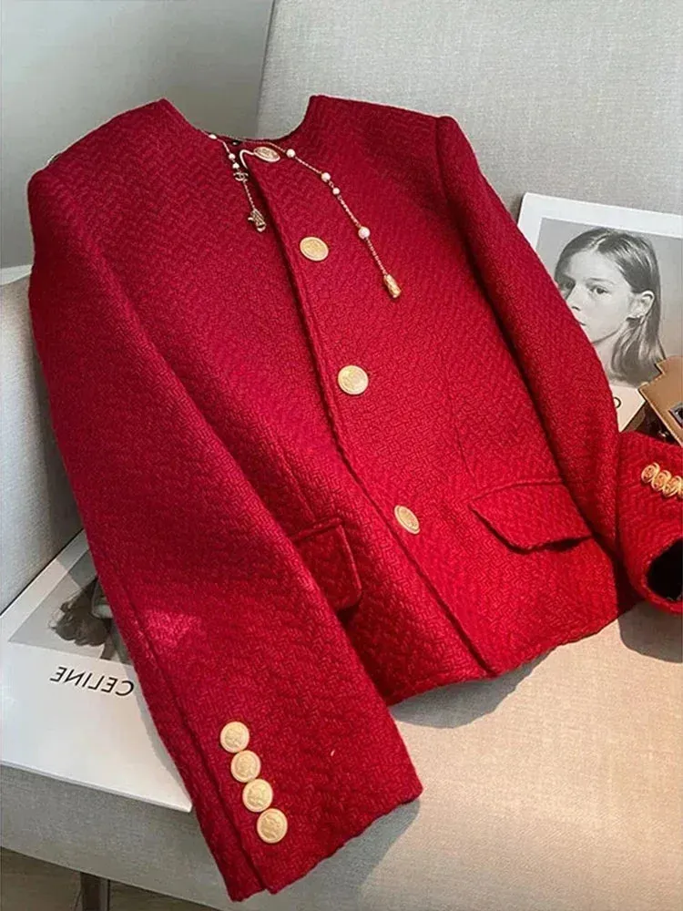 Stylish Vintage Korean Women's Red Buttons Coats High-Quality Autumn Winter Elegant Temperament Women Long Sleeve Suit Jackets