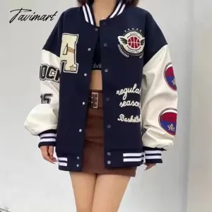 Tavimart Letter embroidery flocking baseball uniform basketball couple retro plus velvet padded street PU leather stitching trendy jacket