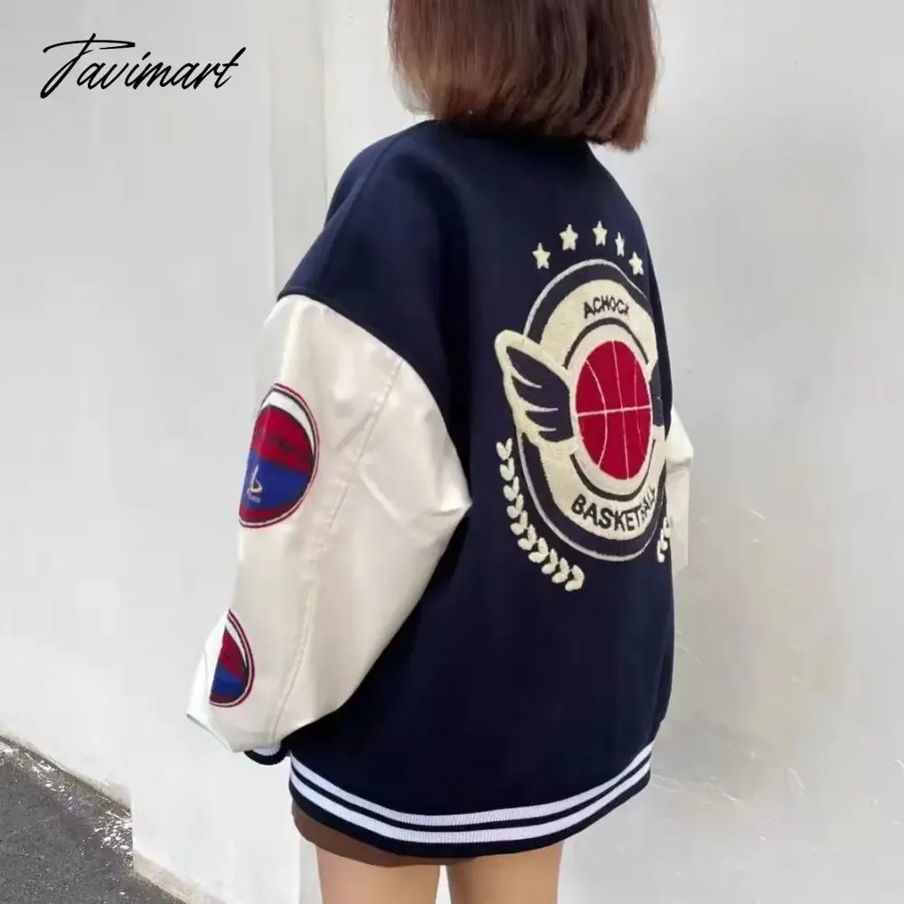 Tavimart Letter embroidery flocking baseball uniform basketball couple retro plus velvet padded street PU leather stitching trendy jacket