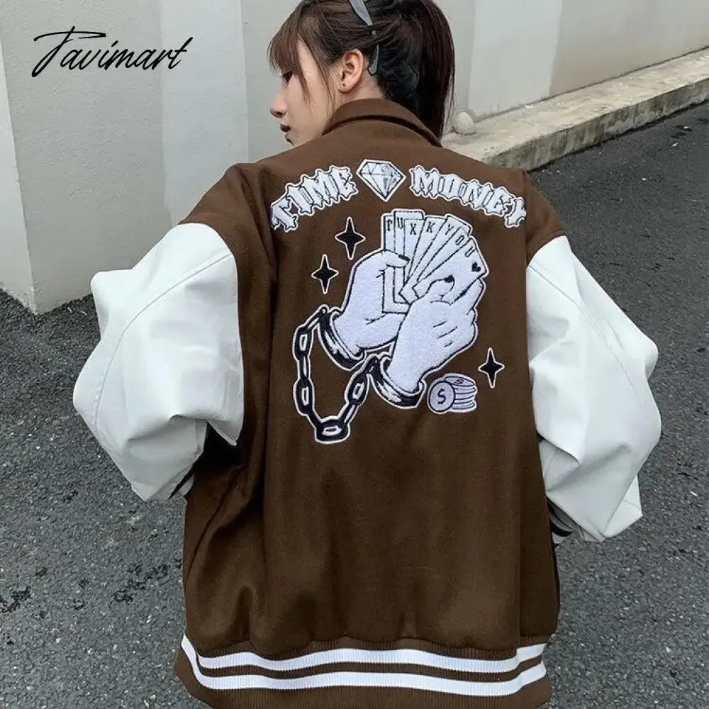 Tavimart Letter embroidery flocking baseball uniform basketball couple retro plus velvet padded street PU leather stitching trendy jacket