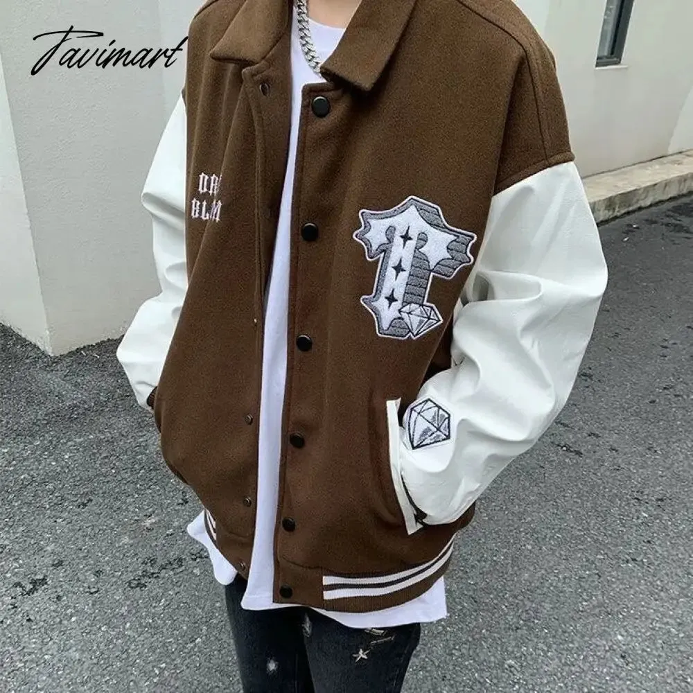 Tavimart Letter embroidery flocking baseball uniform basketball couple retro plus velvet padded street PU leather stitching trendy jacket