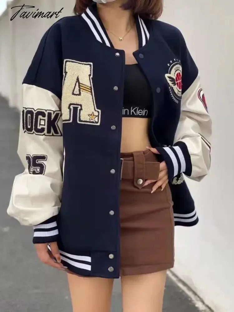 Tavimart Letter embroidery flocking baseball uniform basketball couple retro plus velvet padded street PU leather stitching trendy jacket