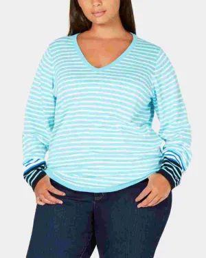 Tommy Hilfiger Women's Plus Size Cotton Striped V-Neck Sweater Blue Size 2X | Blue