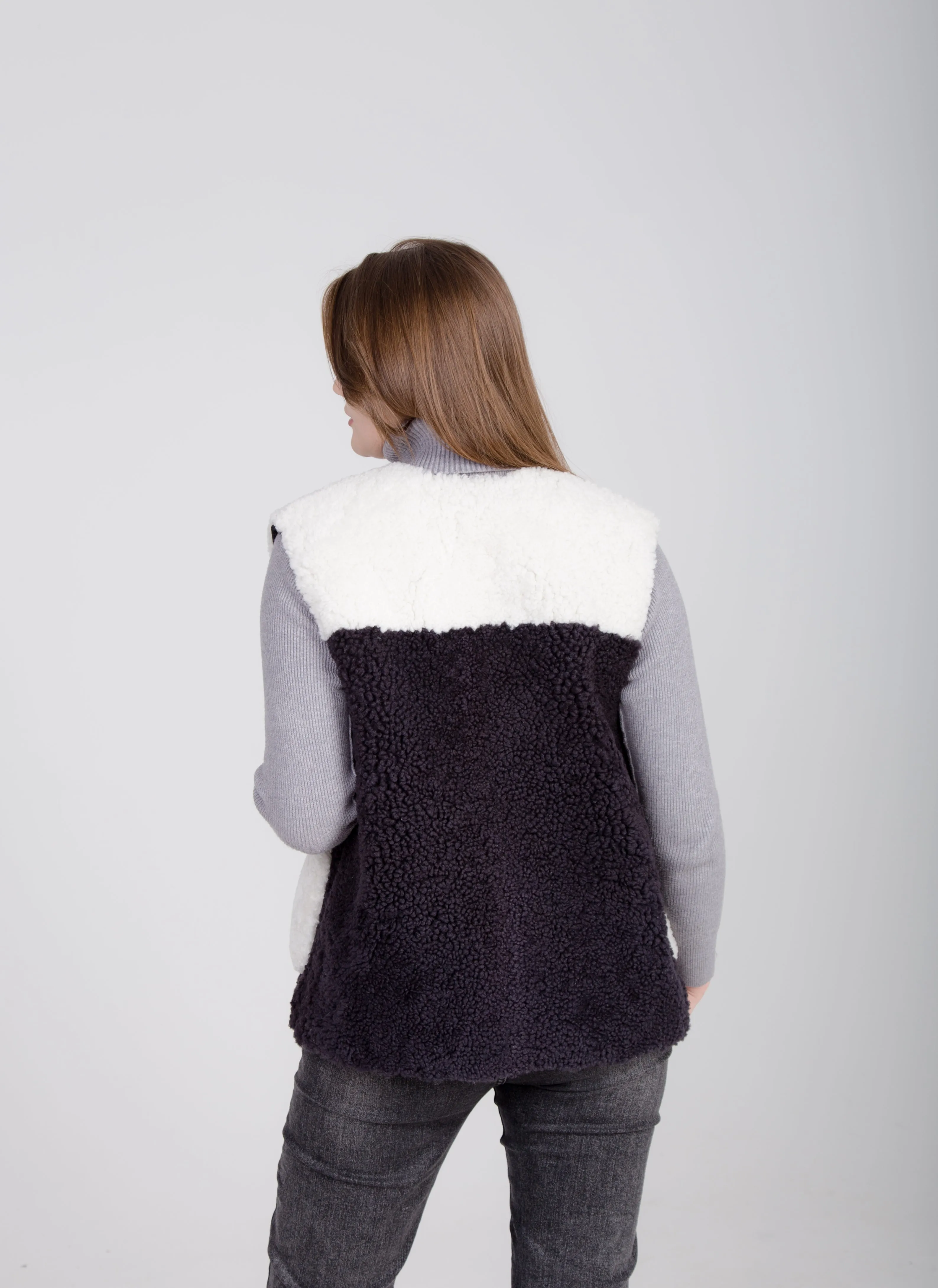 Two-Colored Blue Womens Shearling Vest with Leather Patch Buckle Buttons