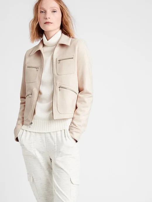 Vegan Suede 4-Pocket Jacket in Almond Beige