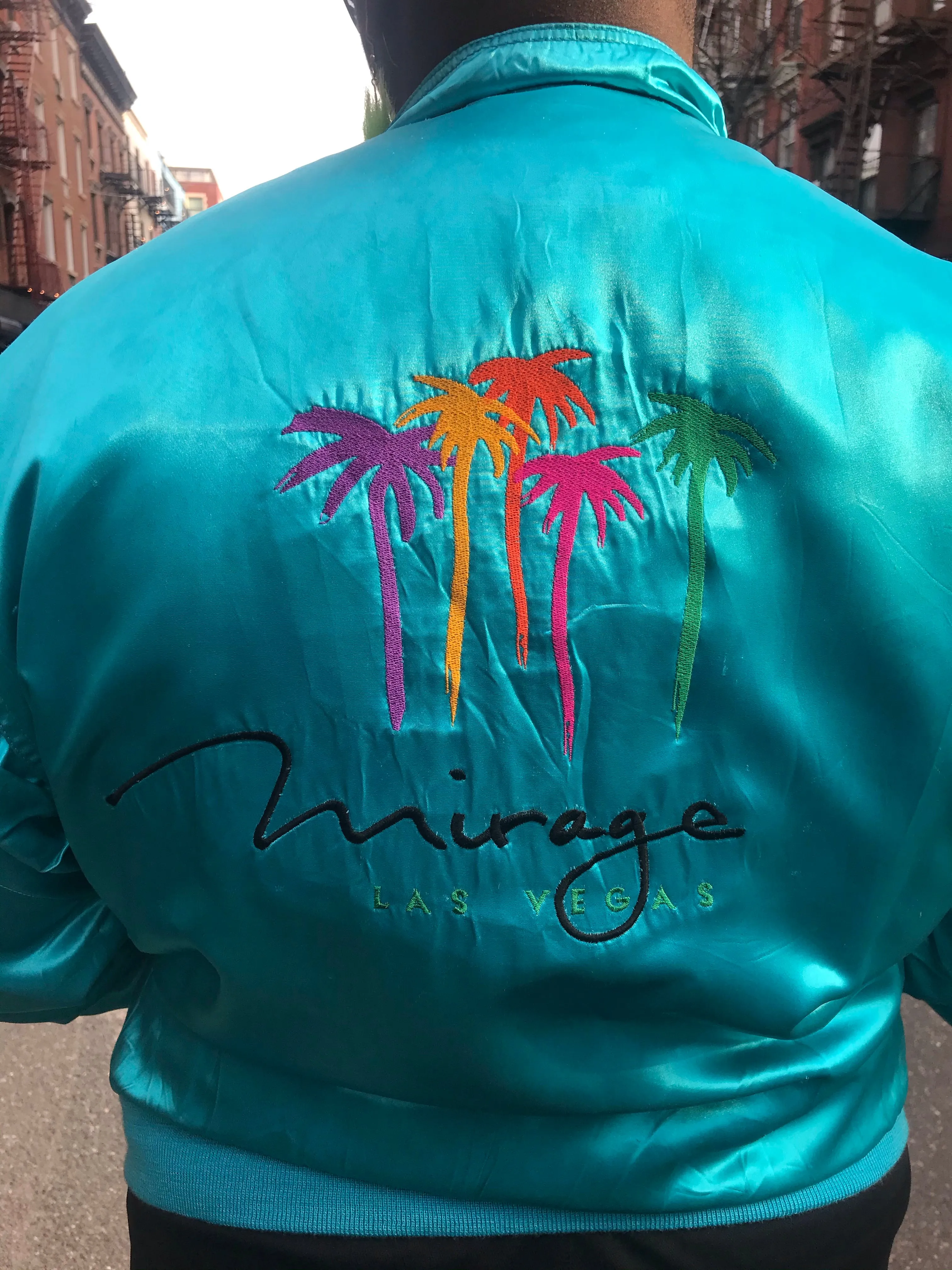 Vintage 80s Mirage Las Vegas Teal Bomber Jacket