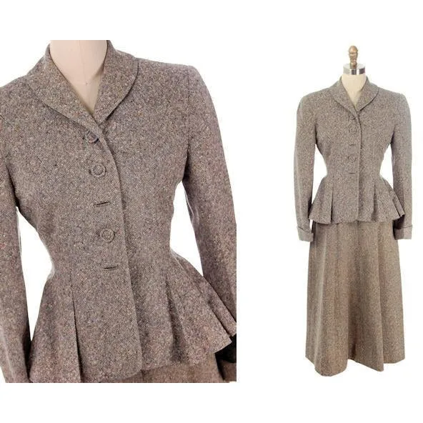 Vintage Ladies Wool Tweed Suit Peplum & A Line Skirt 1940s Medium| For Costume