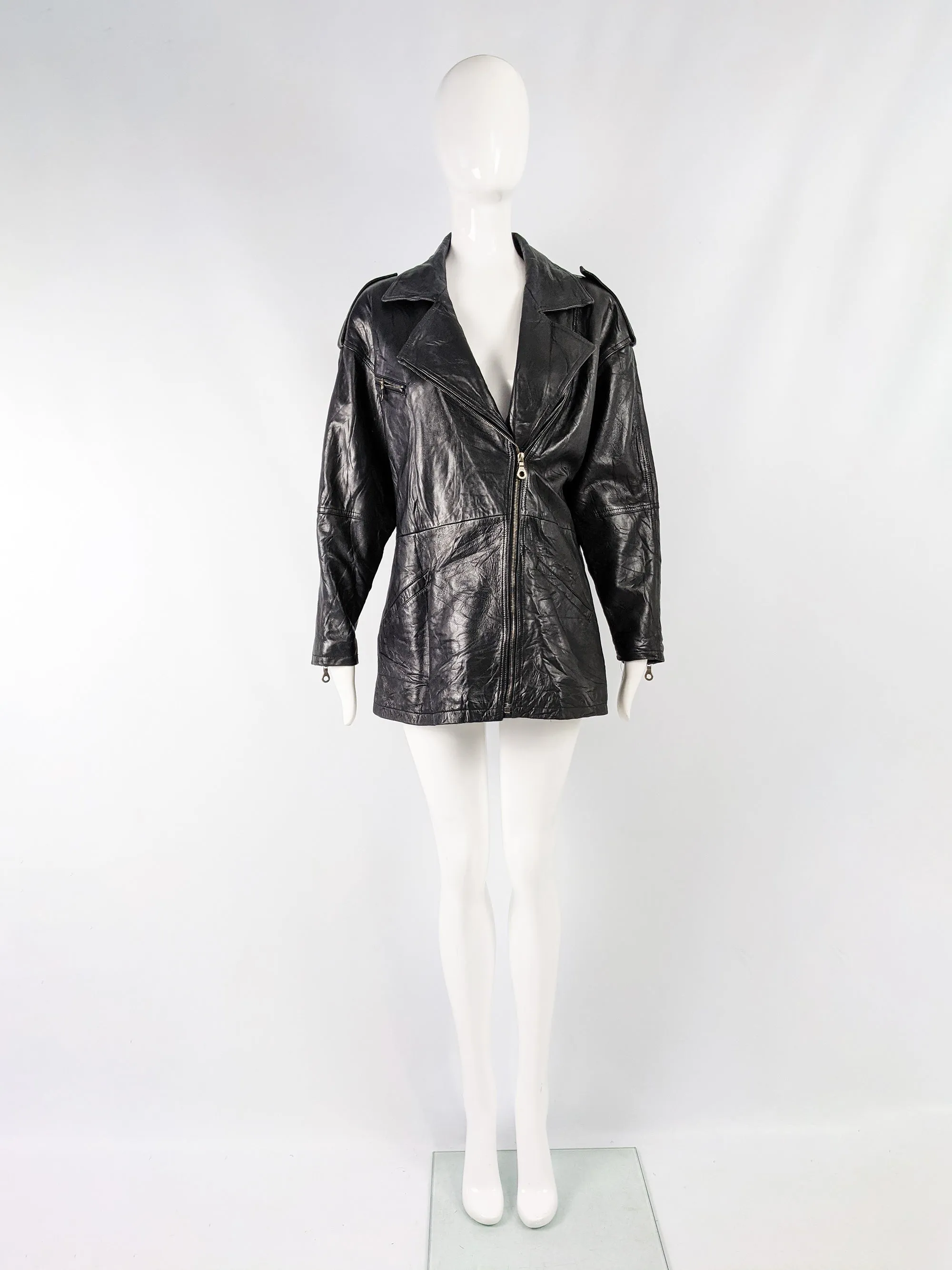 Vintage Womens Black Leather Biker Jacket, 1980s