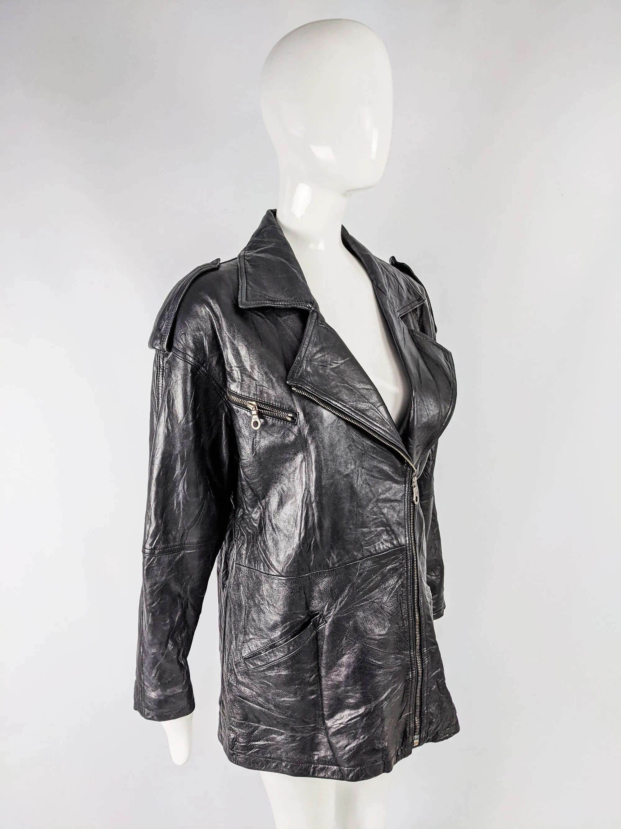 Vintage Womens Black Leather Biker Jacket, 1980s