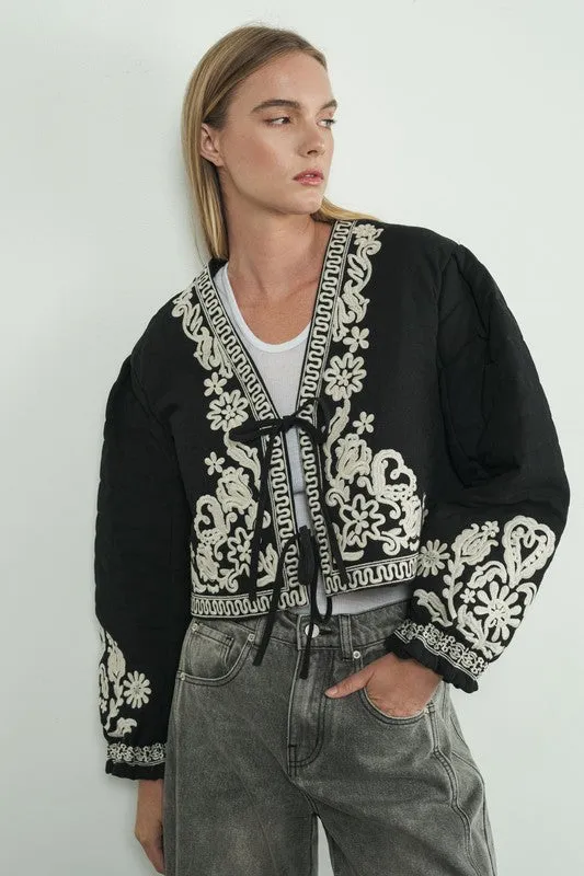 Waitlist 12/9 ♥ Lori Long Sleeve Floral Embroidered Front Tie Quilted Shacket Black