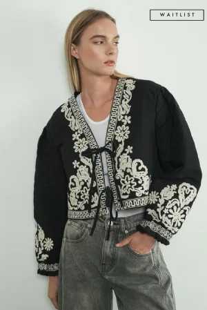 Waitlist 12/9 ♥ Lori Long Sleeve Floral Embroidered Front Tie Quilted Shacket Black