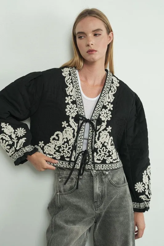 Waitlist 12/9 ♥ Lori Long Sleeve Floral Embroidered Front Tie Quilted Shacket Black