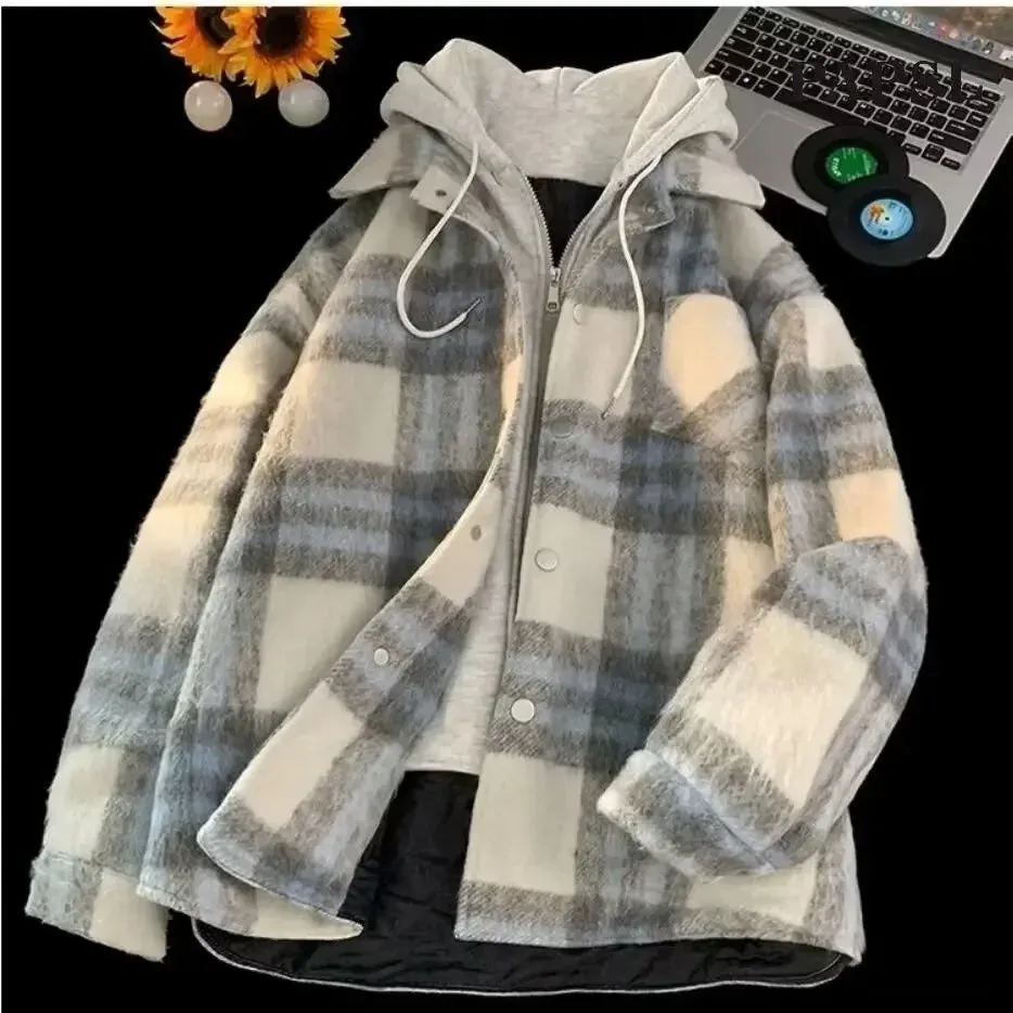 WIAOFELLAS  -  Two-Piece IllusionCotton-Padded Jacket Men's Plaid American Style Weed Couple Hooded Cotton Coat Autumn Winter New Model