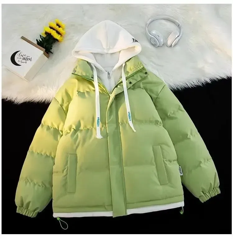 Winter New Style Padded Jacket Thickened Hooded Two-piece Illusion Puffer Jacket For Men Women Loose-fit Couple Student